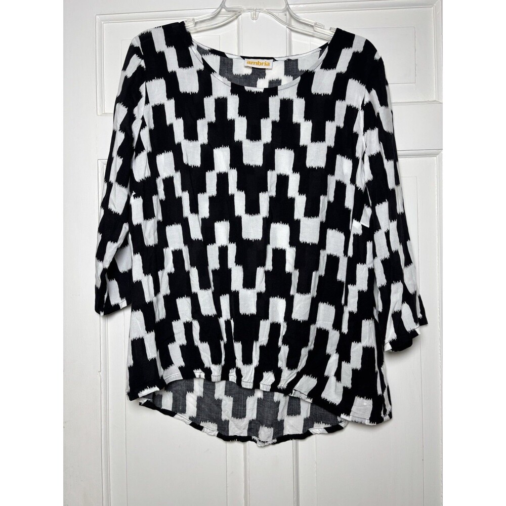 Ambria Black & White Checkered 3/4 Slv Round Neck Top Women’s XL Soft Workwear
